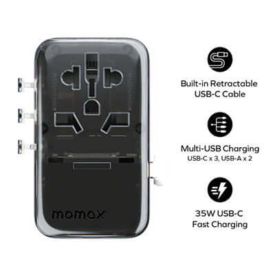 Momax 1-World+ Flow 4-Port Travel Charger With Built-In USB-C Cable 35W Executive Corporate Gifts Singapore