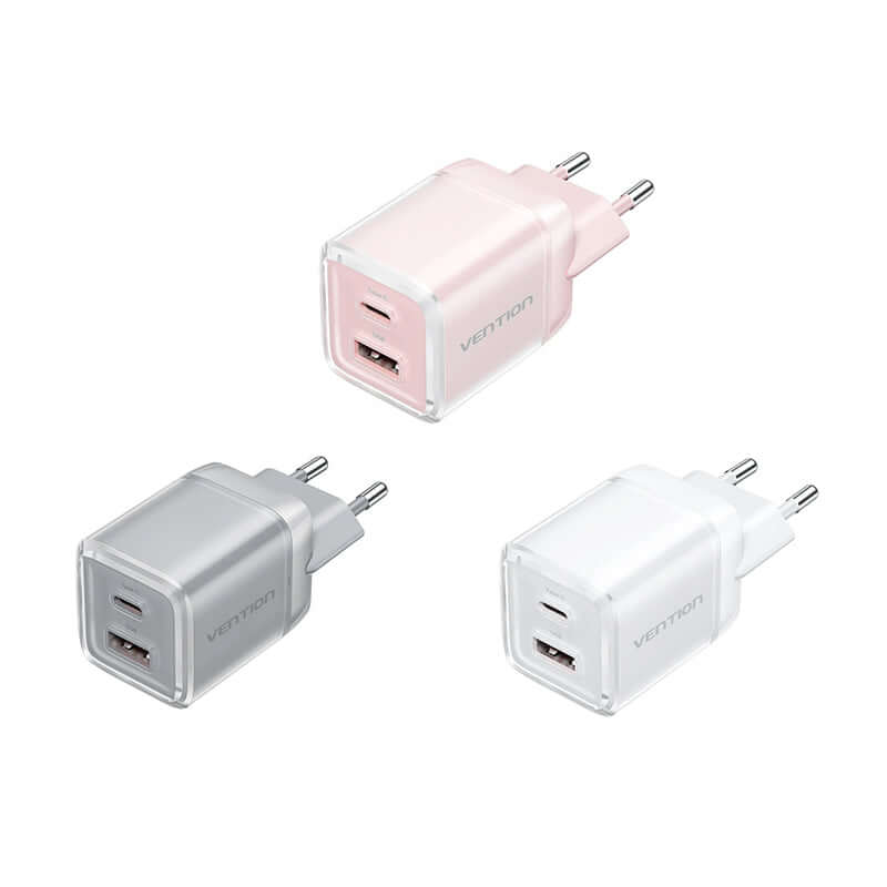Vention 2-Port USB (C + A) GaN Charger (30W/30W) in pink, silver, and white, perfect for travel and corporate gift.