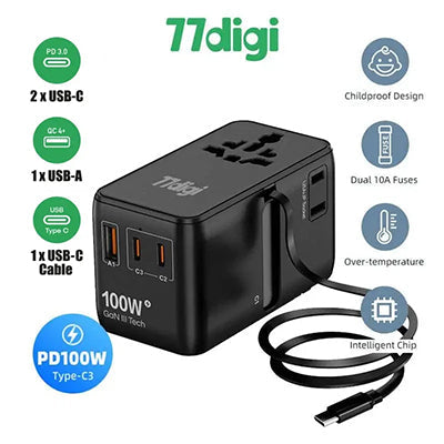 77digi 100W 3 Type-C + 2 USB Travel Adapter with Cable WWA100C