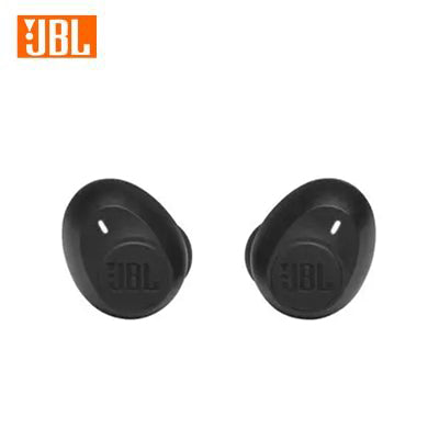 Pair of black JBL Tune 115TWS earbuds showing the outer button faces and JBL logos