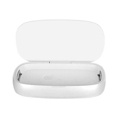 Open white Momax UV box showing the empty internal compartment and fittings at each end