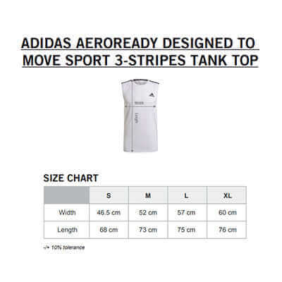 Adidas Aeroready Designed To Move Sport 3-Stripes Tank Top with size chart including width and length options.
