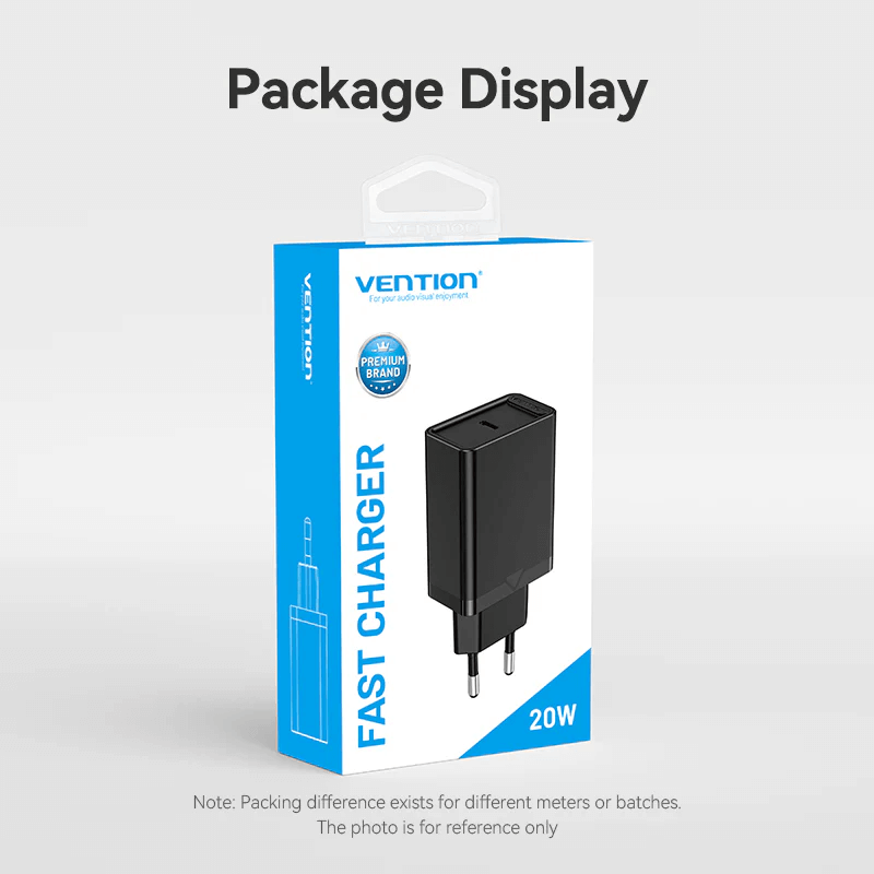Vention 1-Port USB-C Wall Charger 20W package display showcasing fast charging capabilities.