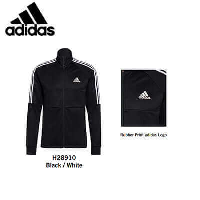 Adidas Aeroready Sereno Slim Track Jacket in Black/White with rubber print logo, perfect for style and comfort.