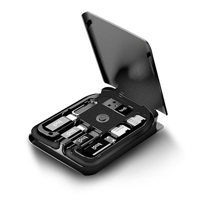 Open black portable cable box showing stored cable, connector adapters and SIM ejector tool