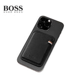 Hugo Boss Magnet Mobile Card Holder Iconic Black attached to a smartphone, showcasing textured leather and BOSS branding.