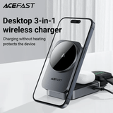 Acefast Desktop 3-in-1 Wireless Charger with smartphone and earbuds for fast simultaneous charging.