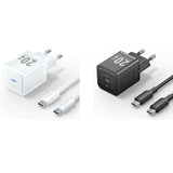 Vention 1-Port USB-C GaN Charger 20W with Cable 1M in white and black options, showcasing fast charging capabilities.