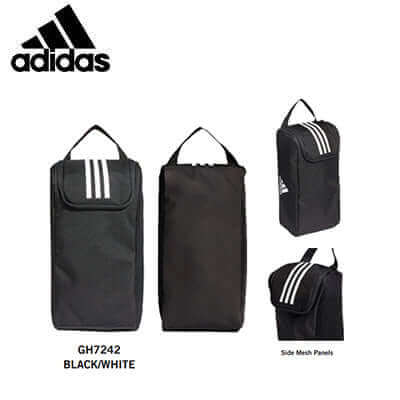 Adidas Tiro Primegreen Shoe Bag in black and white with mesh panels, ideal for executive corporate gifts.