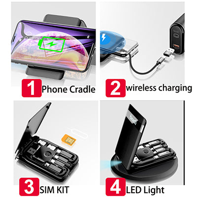 Cable box feature graphic showing phone cradle, wireless charging, SIM kit and LED light
