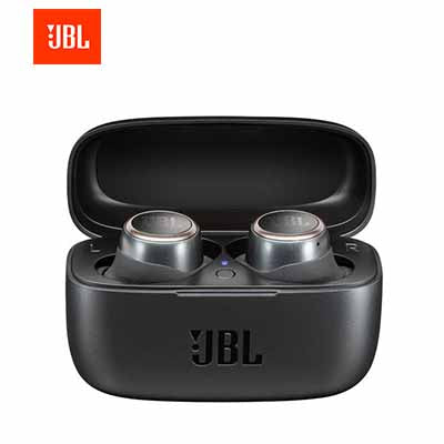 Black JBL LIVE 300TWS earbuds seated in an open charging case