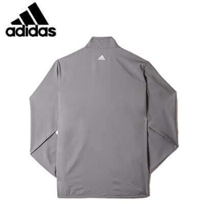Back view of grey adidas long-sleeve golf jacket with small adidas mark below the collar