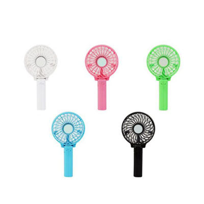 Round-grille handheld fan examples in white, pink, green, blue and black with straight handles