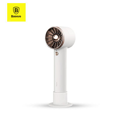 White Baseus handheld turbofan standing upright on a round tabletop base