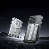 Remax CX-2 Magnetic Wireless Charging Powerbank with Cable and Stand next to a smartphone on a dark background.