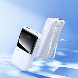 Remax RPP-680 Powerbank with Dual Fast Charging Cables 20000mAh on a blue background.