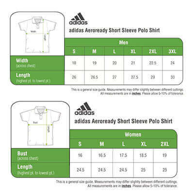 Size chart for adidas Aeroready Short Sleeve Polo Shirt including measurements for men and women.