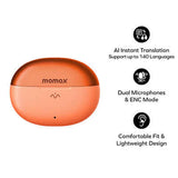 Momax 1-Vibe Clip M.IN.D AI ENC Clip-On Earbuds with AI translation and dual microphones.