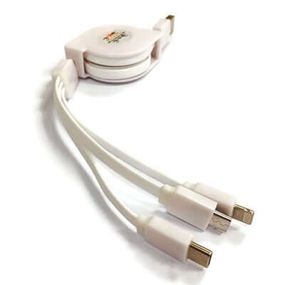 Retractable charging cable connector close-up showing three white device-end plugs and the retracting housing