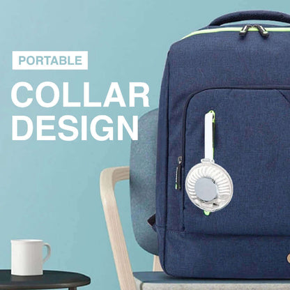 Round charging cable case attached by its carry loop to a navy backpack in a use illustration