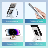 Vention Plastic Portable Phone Stand for Desk showing ergonomic viewing, portability, stability, and heat dissipation features.