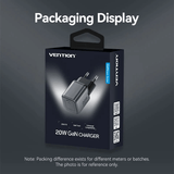 Vention 1-Port USB-C GaN Charger 20W packaging display with fast charging capabilities for modern devices.