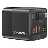 Verbatim 3-Port 65W GaN Charger with Retractable Cable & LED display side view with ports and power display