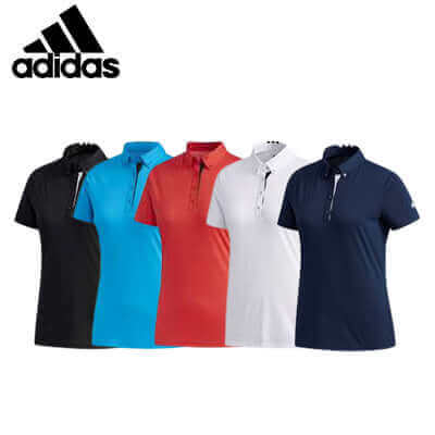 Adidas collared polo shirts arranged in black, blue, red, white and navy, front views