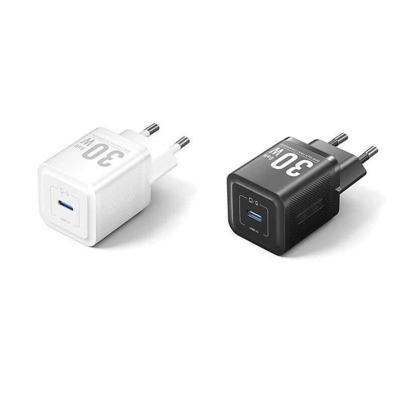 Vention 1-Port USB-C GaN Charger 30W in white and black, ideal for fast charging devices, perfect corporate gift.