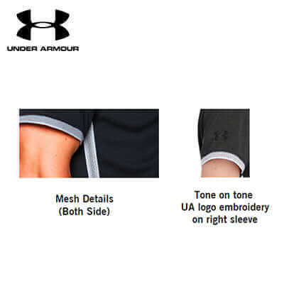 Under Armour Corp Rival polo detail images showing mesh fabric section and tone-on-tone sleeve logo