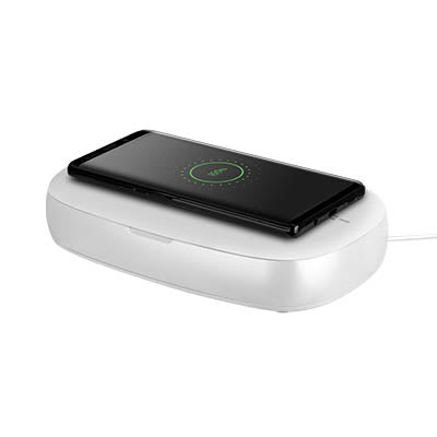 Smartphone resting on the closed Momax box with a charging indicator shown on its screen