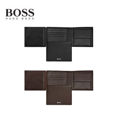 Hugo Boss Money Wallet with Flap Classic Smooth, black and brown leather trifold wallets, perfect corporate gift.