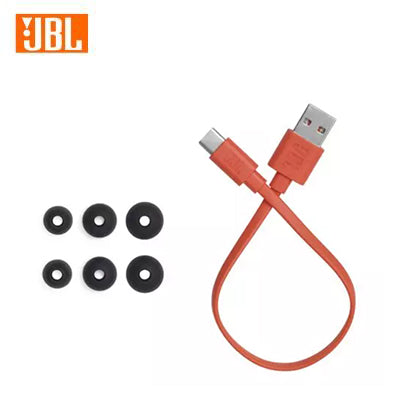 JBL Tune 115TWS accessory image showing three pairs of ear tips and an orange USB-A to USB-C charging cable