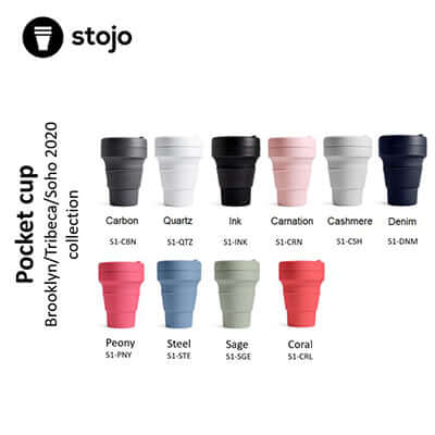 Stojo Pocket cup catalogue colour chart with ten solid-colour 12oz cup examples