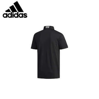 Black adidas short-sleeve polo shirt, back view with white stripes on the collar