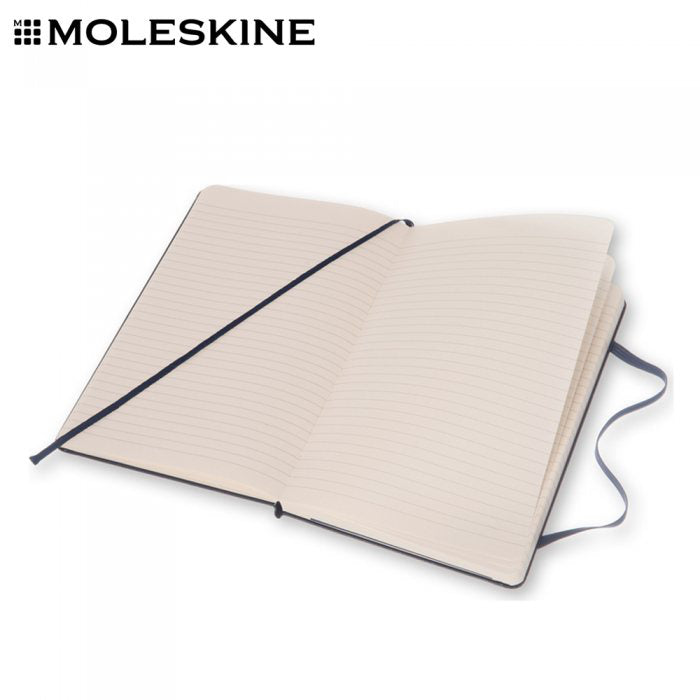 Open Moleskine notebook showing ivory-coloured pages, ribbon bookmark and elastic closure