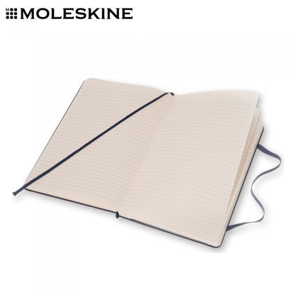 Open Moleskine notebook showing ivory-coloured pages, ribbon bookmark and elastic closure