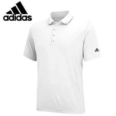 White adidas Men Comfort Golf Polo Tee, front view with contrasting sleeve logo