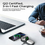 AUKEY LC-MC313 MagFusion C 3-in-1 Qi2 Foldable Wireless Charging Station on a desk with laptop and coffee.