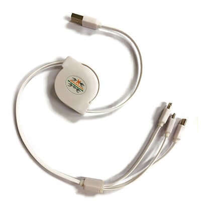 White retractable cable with USB-A source plug, three device connectors and sample logo on the housing