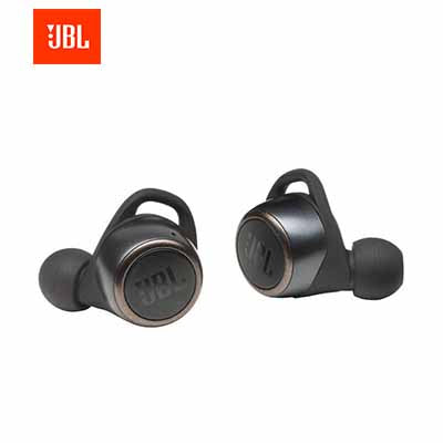 Angled view of black JBL LIVE 300TWS earbuds showing silicone tips and wing-fin fittings