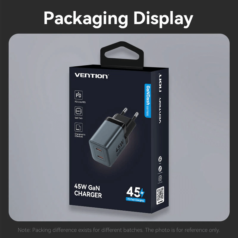 Vention 2-Port GaN Charger 45W packaging display, featuring fast charging capabilities and dual USB-C ports for devices.