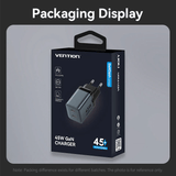 Vention 2-Port GaN Charger 45W packaging display, featuring fast charging capabilities and dual USB-C ports for devices.