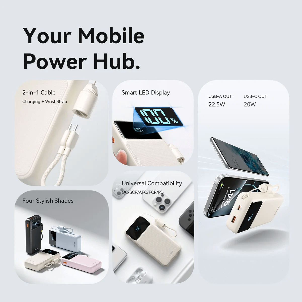 Vention 20000mAh Power Bank with Built-in Cable 22.5W features smart LED display and 2-in-1 charging cable.