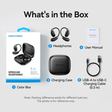 Vention Wireless Bluetooth Open Ear Headphones OpenBeat components including headphones, charging case, and user manual.