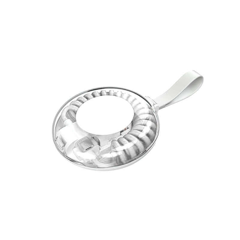 White coiled charging cable and adapters in a closed transparent case with round centre and carry loop