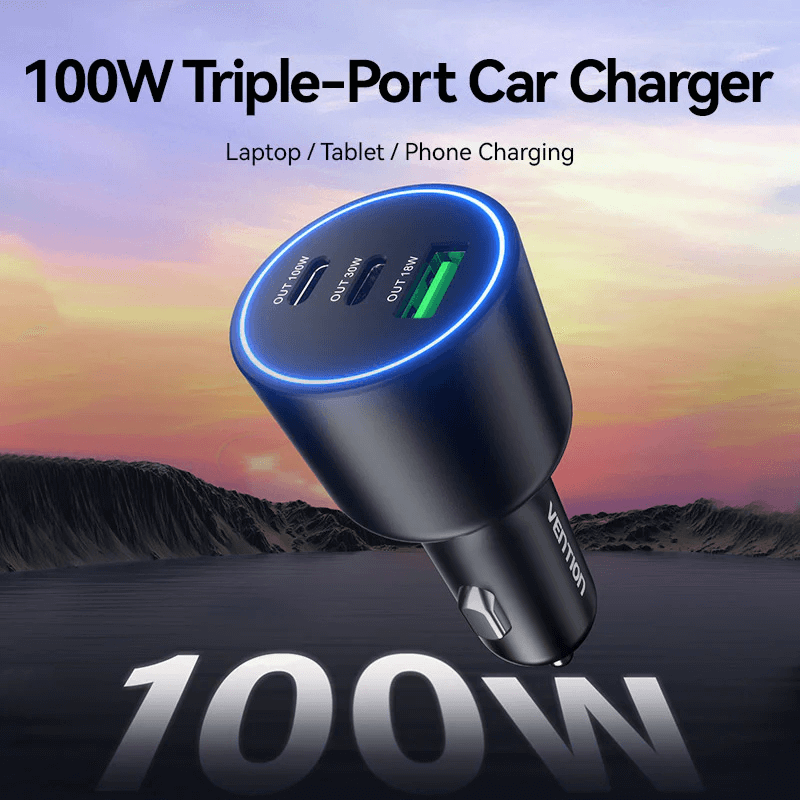 Vention Three-Port USB C+C+A Car Charger with 100W output for efficient charging of devices in a vehicle.