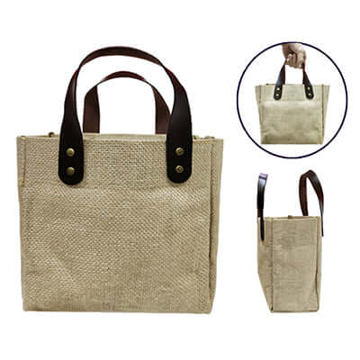 Eco Friendly Jute Tote Bag with PU Leather Handle Executive Corporate Gifts Singapore