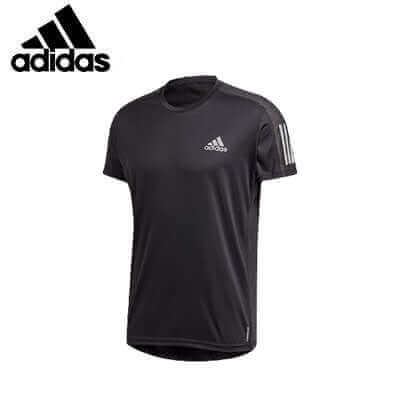 Black adidas Own The Run Breathable T-Shirt with crew neck, chest logo and sleeve stripes, front view