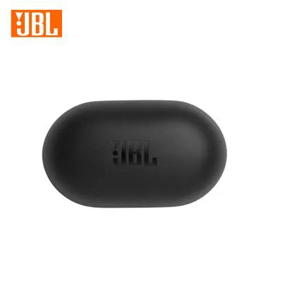 Closed black JBL Tune 115TWS charging case with embossed JBL lid logo